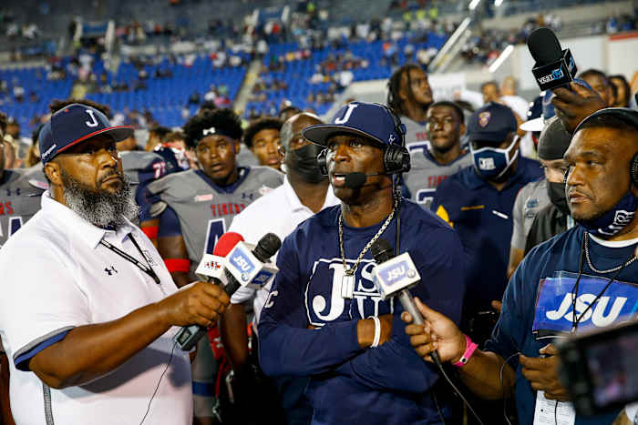 Deion Sanders being interviewed